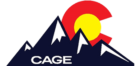 Logo with stylized mountains and a colorful sun in the background.